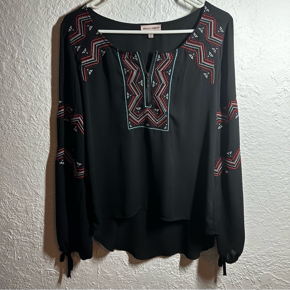 Women's Boho Embroidery Aztec Black Multi Color‎ Blouse Size M